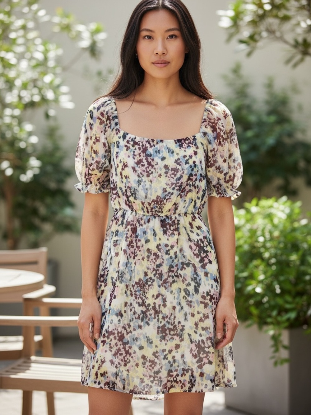 Banana Republic Square-Neck Puff-Sleeve Mini Dress in Cream Multi